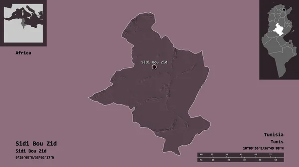 チュニジア政府とその首都であるシディ ジッドの形 距離スケール プレビューおよびラベル 色の標高マップ 3Dレンダリング — ストック写真
