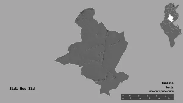突尼斯省Sidi Bou Zid的形状 其首都背景坚实 与世隔绝 距离尺度 区域预览和标签 Bilevel高程图 3D渲染 — 图库照片