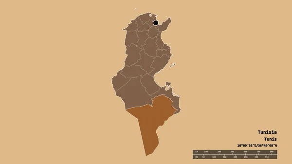 Die Ungesättigte Form Tunesiens Mit Seiner Hauptstadt Der Wichtigsten Regionalen — Stockfoto