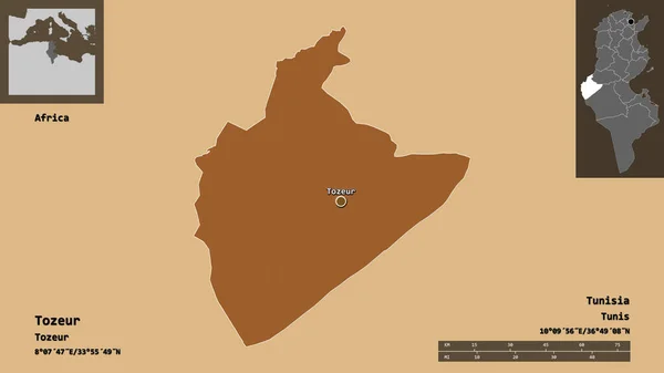 トズールの形 チュニジアの政府とその首都 距離スケール プレビューおよびラベル パターン化されたテクスチャの構成 3Dレンダリング — ストック写真