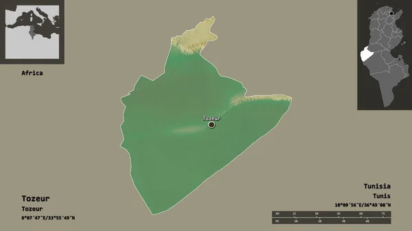 トズールの形 チュニジアの政府とその首都 距離スケール プレビューおよびラベル 地形図 3Dレンダリング — ストック写真