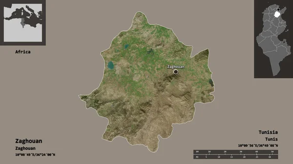 チュニジア政府とその首都ザグワーンの形 距離スケール プレビューおよびラベル 衛星画像 3Dレンダリング — ストック写真
