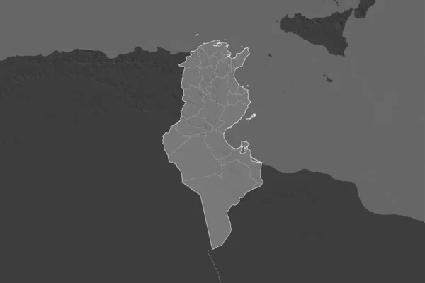 Kształt Tunezji Oddzielony Desaturacją Sąsiednich Obszarów Granice Dwupoziomowa Mapa Wysokości — Zdjęcie stockowe
