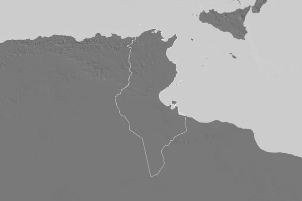 Extended Area Outlined Tunisia Bilevel Elevation Map Rendering — Stock Photo, Image