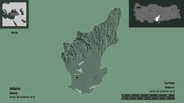 土耳其阿达纳的形状及其首都 距离刻度 预览和标签 彩色高程图 3D渲染 — 图库照片