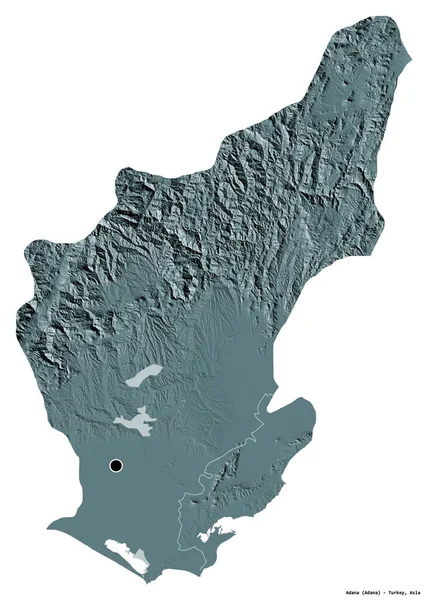 トルコの州 アダナの形は その首都は白い背景に隔離されています 色の標高マップ 3Dレンダリング — ストック写真
