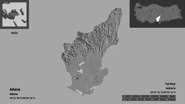 アダナの形 トルコの州 およびその首都 距離スケール プレビューおよびラベル 標高マップ 3Dレンダリング — ストック写真