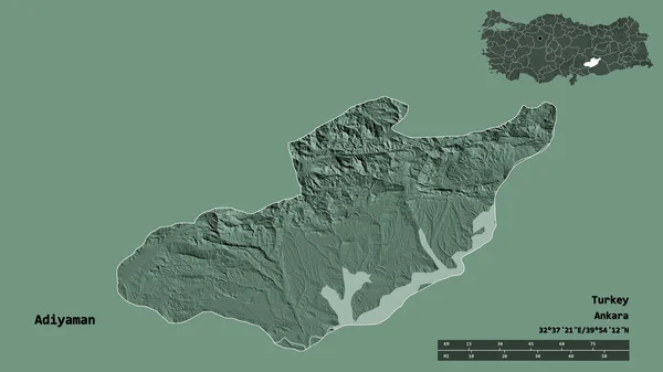 土耳其阿迪亚曼省的形状 其首都在坚实的背景下与世隔绝 距离尺度 区域预览和标签 彩色高程图 3D渲染 — 图库照片