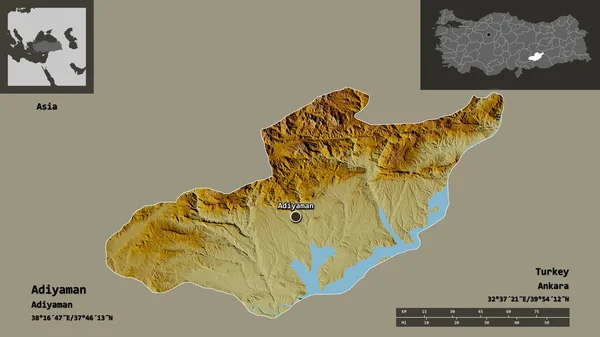 Forma Adiyaman Provincia Turchia Sua Capitale Scala Distanza Anteprime Etichette — Foto Stock