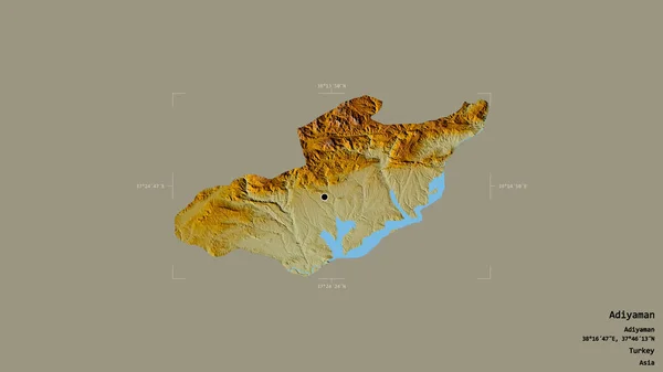 トルコの州 アディヤマンの地域は 洗練された境界ボックス内のしっかりとした背景に隔離されています ラベル 地形図 3Dレンダリング — ストック写真