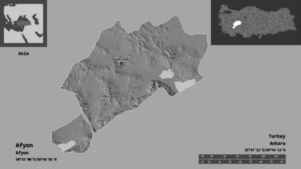 土耳其阿凡省及其首都的形状 距离刻度 预览和标签 Bilevel高程图 3D渲染 — 图库照片