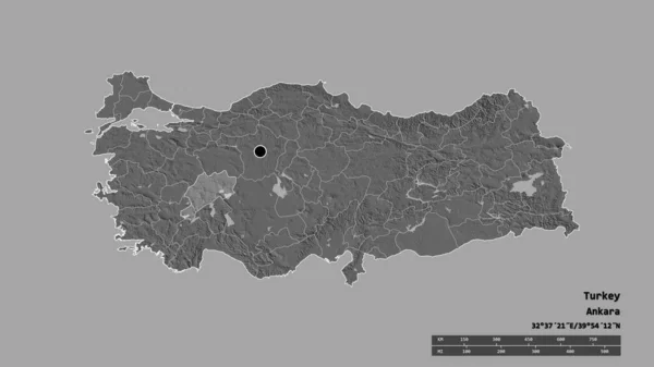 主要な地域部門と分離アフィオン地域とトルコの荒廃した形状 ラベル 標高マップ 3Dレンダリング — ストック写真