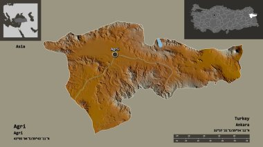 Tarım, Türkiye 'nin ili ve başkenti. Uzaklık ölçeği, ön gösterimler ve etiketler. Topografik yardım haritası. 3B görüntüleme