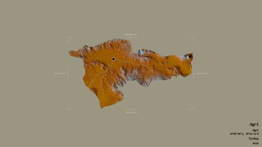 Türkiye 'nin Agri ilçesi, jeoreferatlı bir sınır kutusunda sağlam bir zemin üzerinde izole edildi. Etiketler. Topografik yardım haritası. 3B görüntüleme