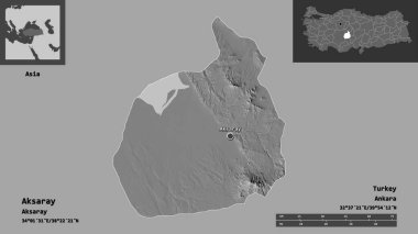 Aksaray 'ın şekli, Türkiye' nin ili ve başkenti. Uzaklık ölçeği, ön gösterimler ve etiketler. Çift seviyeli yükseklik haritası. 3B görüntüleme
