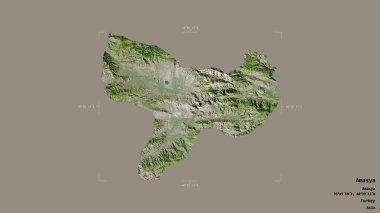 Türkiye 'nin Amasya ilçesi, jeoreferatlı bir sınır kutusunun sağlam bir arka planında izole edilmiş durumda. Etiketler. Uydu görüntüleri. 3B görüntüleme