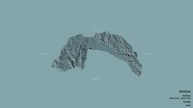 Türkiye 'nin Antalya ilçesi bölgesi, jeoreferatlı bir sınır kutusunun sağlam bir arka planında izole edildi. Etiketler. Renkli yükseklik haritası. 3B görüntüleme