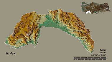 Türkiye 'nin Antalya eyaleti, başkenti sağlam bir zemin üzerinde izole edilmiş durumda. Uzaklık ölçeği, bölge önizlemesi ve etiketleri. Topografik yardım haritası. 3B görüntüleme