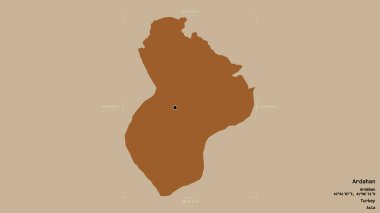 Türkiye 'nin Ardahan ilçesi, jeoreferatlı bir sınır kutusunda sağlam bir zemin üzerinde izole edilmiş durumda. Etiketler. Desenli dokuların bileşimi. 3B görüntüleme