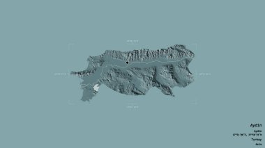 Türkiye 'nin Aydın ilçesi bir sınır kutusunun sağlam bir arka planında izole edilmiş durumda. Etiketler. Renkli yükseklik haritası. 3B görüntüleme