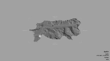 Türkiye 'nin Aydın ilçesi bir sınır kutusunun sağlam bir arka planında izole edilmiş durumda. Etiketler. Çift seviyeli yükseklik haritası. 3B görüntüleme