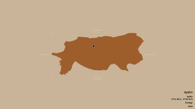 Türkiye 'nin Aydın ilçesi bir sınır kutusunun sağlam bir arka planında izole edilmiş durumda. Etiketler. Desenli dokuların bileşimi. 3B görüntüleme