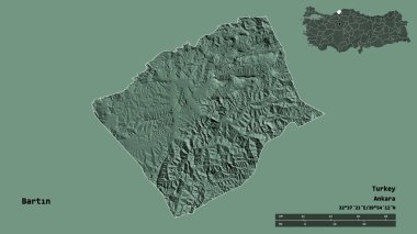 Türkiye 'nin Bartn ili, başkenti sağlam bir zemin üzerinde izole edilmiş durumda. Uzaklık ölçeği, bölge önizlemesi ve etiketleri. Renkli yükseklik haritası. 3B görüntüleme