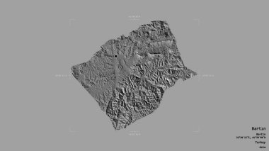 Türkiye 'nin Bartn ilçesi bir sınır kutusunda sağlam bir zemin üzerinde izole edilmiş durumda. Etiketler. Çift seviyeli yükseklik haritası. 3B görüntüleme