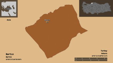 Bartn 'ın şekli, Türkiye' nin ili ve başkenti. Uzaklık ölçeği, ön gösterimler ve etiketler. Desenli dokuların bileşimi. 3B görüntüleme