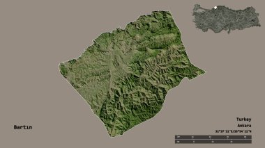 Türkiye 'nin Bartn ili, başkenti sağlam bir zemin üzerinde izole edilmiş durumda. Uzaklık ölçeği, bölge önizlemesi ve etiketleri. Uydu görüntüleri. 3B görüntüleme
