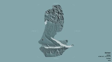 Batman bölgesi, Türkiye 'nin İli, jeoreferatlı bir sınır kutusunda sağlam bir arka planda izole edilmiş. Etiketler. Renkli yükseklik haritası. 3B görüntüleme