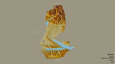 Batman bölgesi, Türkiye 'nin İli, jeoreferatlı bir sınır kutusunda sağlam bir arka planda izole edilmiş. Etiketler. Topografik yardım haritası. 3B görüntüleme