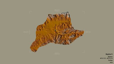 Türkiye 'nin Bayburt ilçesi bir sınır kutusunda sağlam bir zemin üzerinde izole edilmiş durumda. Etiketler. Topografik yardım haritası. 3B görüntüleme