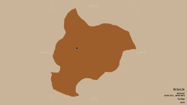 Türkiye 'nin Bilecik ilçesi, jeoreferatlı bir sınır kutusunun sağlam bir arka planında izole edildi. Etiketler. Desenli dokuların bileşimi. 3B görüntüleme