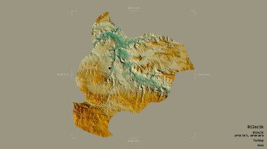 Türkiye 'nin Bilecik ilçesi, jeoreferatlı bir sınır kutusunun sağlam bir arka planında izole edildi. Etiketler. Topografik yardım haritası. 3B görüntüleme