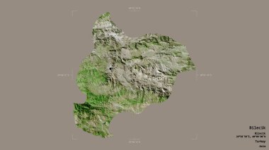 Türkiye 'nin Bilecik ilçesi, jeoreferatlı bir sınır kutusunun sağlam bir arka planında izole edildi. Etiketler. Uydu görüntüleri. 3B görüntüleme