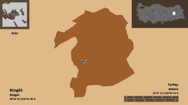 Bingöl 'ün şekli, Türkiye' nin ili ve başkenti. Uzaklık ölçeği, ön gösterimler ve etiketler. Desenli dokuların bileşimi. 3B görüntüleme