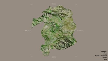 Türkiye 'nin Bingöl ilçesi bir sınır kutusunun sağlam bir arka planında izole edilmiş durumda. Etiketler. Uydu görüntüleri. 3B görüntüleme