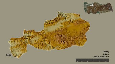 Türkiye 'nin Bolu ili, başkenti sağlam bir zemin üzerinde izole edilmiş durumda. Uzaklık ölçeği, bölge önizlemesi ve etiketleri. Topografik yardım haritası. 3B görüntüleme