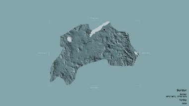 Türkiye 'nin Burdur ilçesi, jeoreferatlı bir sınır kutusunda sağlam bir zemin üzerinde izole edilmiş durumda. Etiketler. Renkli yükseklik haritası. 3B görüntüleme