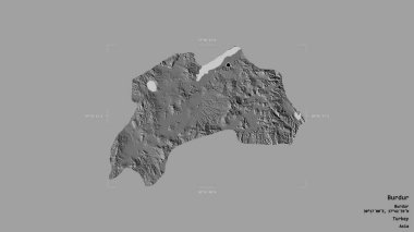 Türkiye 'nin Burdur ilçesi, jeoreferatlı bir sınır kutusunda sağlam bir zemin üzerinde izole edilmiş durumda. Etiketler. Çift seviyeli yükseklik haritası. 3B görüntüleme
