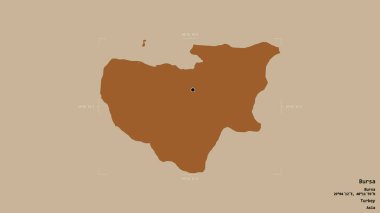 Türkiye 'nin Bursa ilçesi, jeoreferatlı bir sınır kutusunda sağlam bir zemin üzerinde izole edilmiş durumda. Etiketler. Desenli dokuların bileşimi. 3B görüntüleme