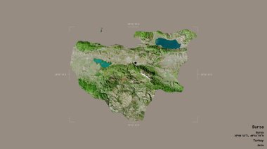 Türkiye 'nin Bursa ilçesi, jeoreferatlı bir sınır kutusunda sağlam bir zemin üzerinde izole edilmiş durumda. Etiketler. Uydu görüntüleri. 3B görüntüleme