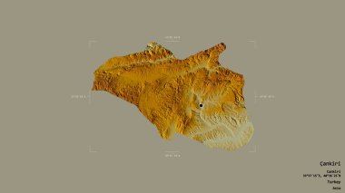 Türkiye 'nin Cankiri ilçesi bir sınır kutusunda sağlam bir arka planda izole edilmiş durumda. Etiketler. Topografik yardım haritası. 3B görüntüleme