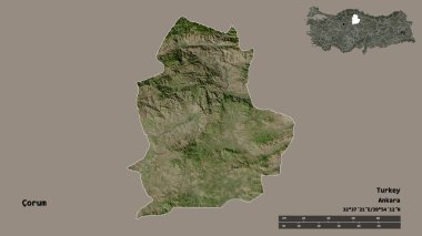 Türkiye 'nin başkenti sağlam bir zemin üzerinde izole edilmiş Corum' un şekli. Uzaklık ölçeği, bölge önizlemesi ve etiketleri. Uydu görüntüleri. 3B görüntüleme