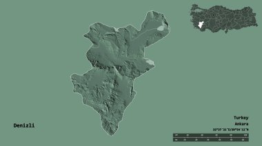 Türkiye 'nin Denizli ilçesinin başkenti sağlam bir zemin üzerinde izole edilmiştir. Uzaklık ölçeği, bölge önizlemesi ve etiketleri. Renkli yükseklik haritası. 3B görüntüleme