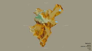 Denizli 'nin Denizli bölgesi, jeoreferatlı bir sınır kutusunun sağlam bir arka planında izole edildi. Etiketler. Topografik yardım haritası. 3B görüntüleme