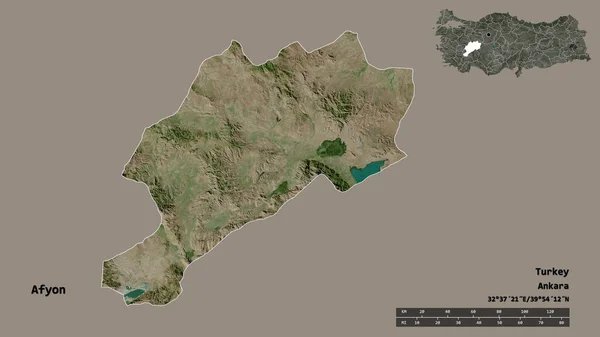 土耳其的Afyon形状 其首都在坚实的背景下与世隔绝 距离尺度 区域预览和标签 卫星图像 3D渲染 — 图库照片