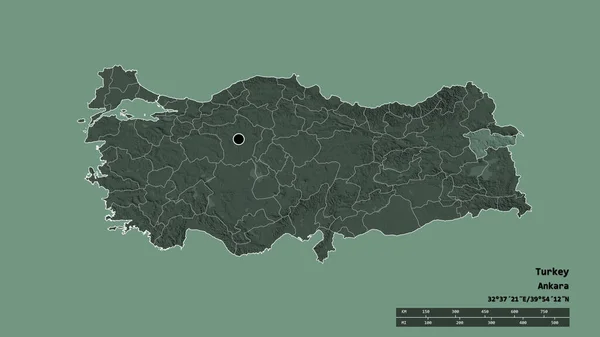 主要な地域部門と分離されたアグリ地域とトルコの荒廃した形 ラベル 色の標高マップ 3Dレンダリング — ストック写真