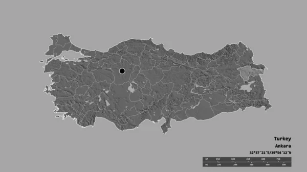 Törökország Kiszáradt Alakja Fővárosával Regionális Körzettel Szétválasztott Mezőgazdasági Területtel Címkék — Stock Fotó